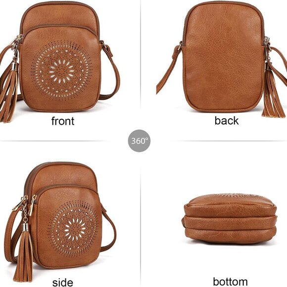 Small Crossbody Bag Faux Leather Boho Style with Tassel and Triple Zips - Picture 2 of 7